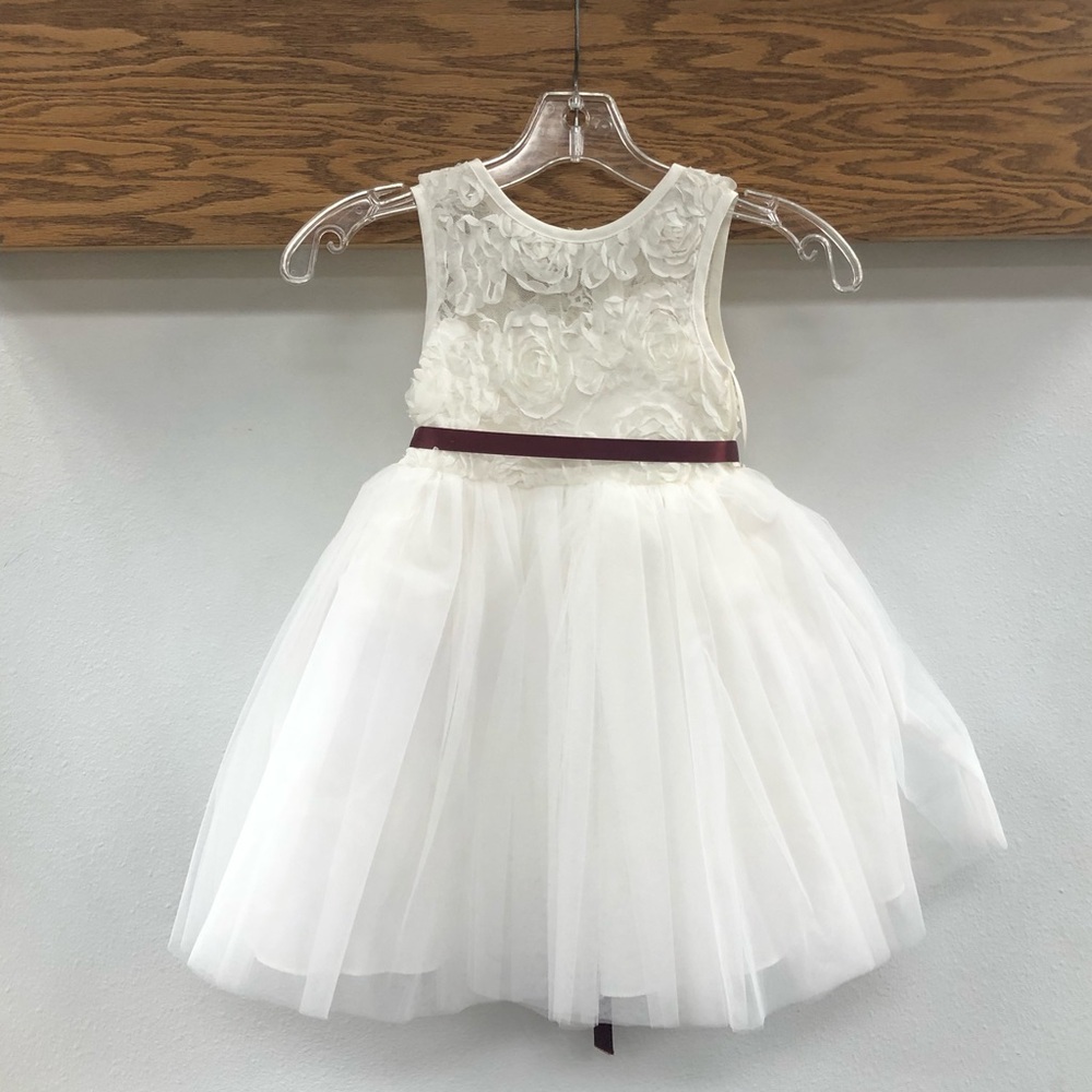 Elegant Ivory Floral Dress with Burgundy ribbon  Accent